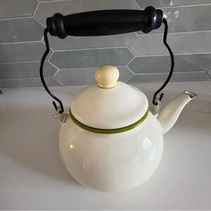 Vintage Enamelware Tea Kettle Creamer with Green Trim and Black Handle